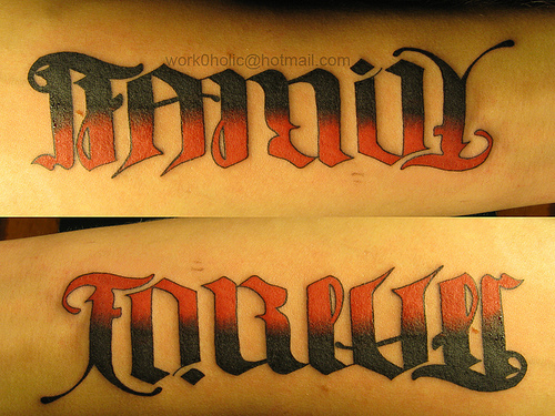 And here is another Ambigram tattoo that says 'Family' reading left to right 